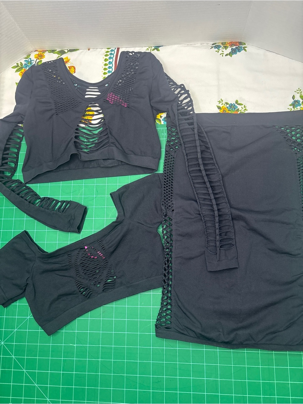 La SENZA Black Distressed Cutout Long-Sleeve Crop Top & Tank & Pencil Skirt Set
